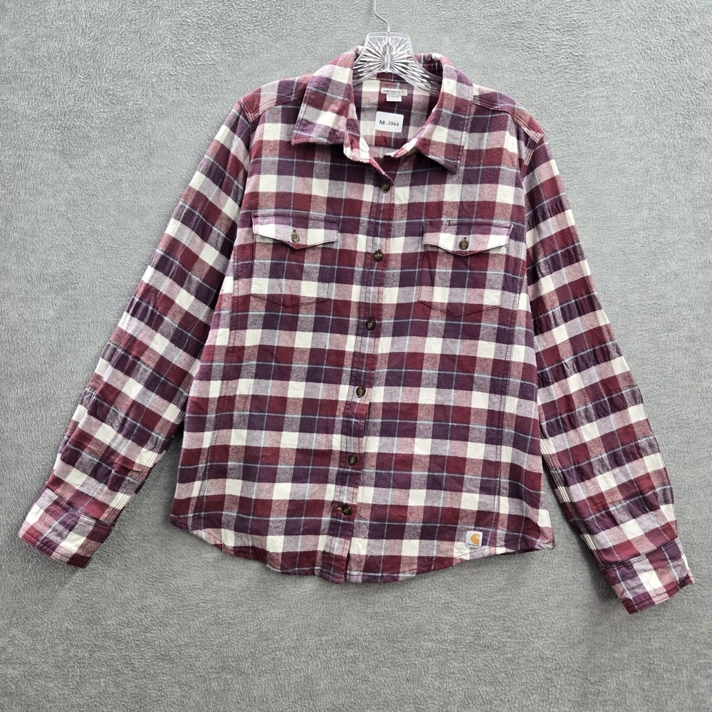 Carhartt Women Button Up Shirt L Burgundy Plaid Flannel‎ Western